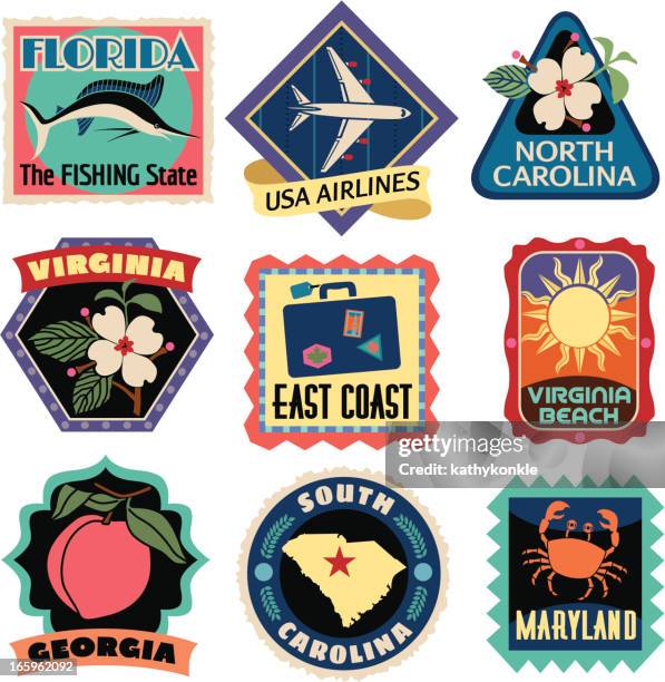 travel stickers east coast usa - east carolina v florida stock illustrations