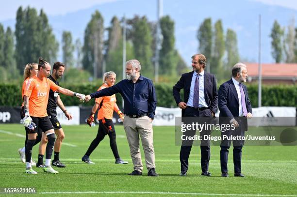 Stefano Braghin, Gianluca Ferrero, Francesco Calvo attend Juventus Women Training Session & Press Conference at Juventus Center Vinovo on September...