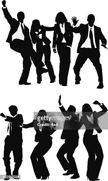 business people celebrating their success - standing on one leg stock illustrations