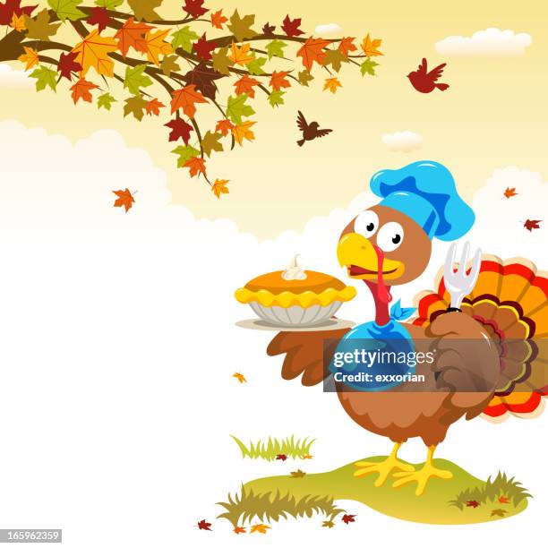 turkey & pumpkins pie - cartoon thanksgiving stock illustrations