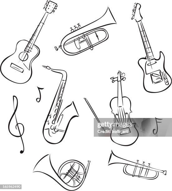 ilustrações de stock, clip art, desenhos animados e ícones de linha desenhos de instrumentos musicais - música acústica