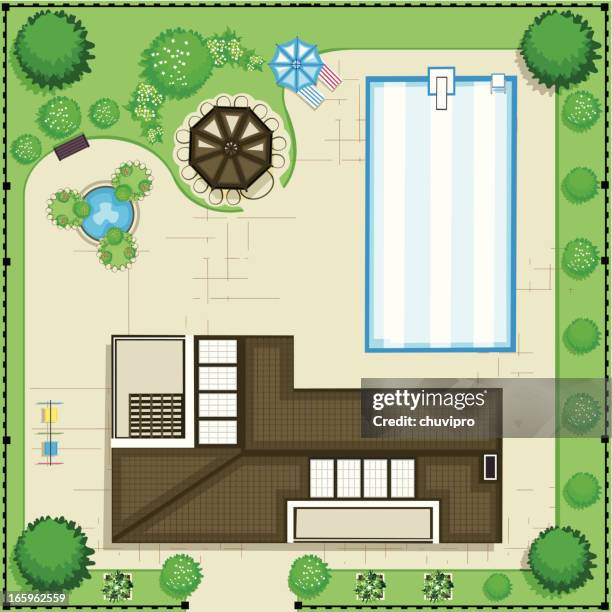modern house with pool and garden. top view - modern rose garden stock illustrations