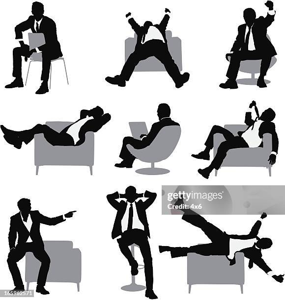 multiple images of a businessman in different poses - computer hands behind head stock illustrations
