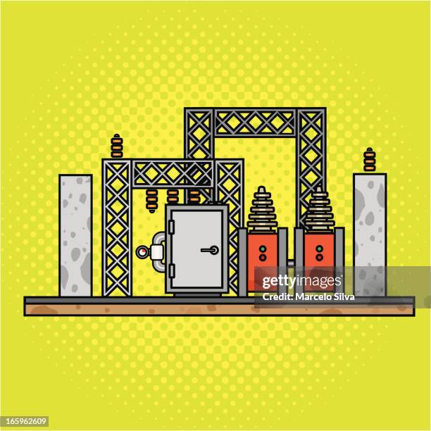 stockillustraties, clipart, cartoons en iconen met illustration of a yellow background and power substation - hoogspanningstransformator