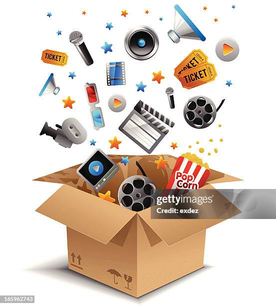 illustrations, cliparts, dessins animés et icônes de concept de film dans la boîte - pop corn box