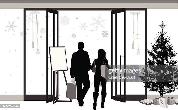 xmas retail vector silhouette - woman opening package stock illustrations