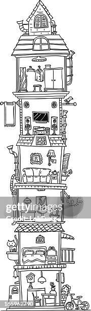 ilustraciones, imágenes clip art, dibujos animados e iconos de stock de alto edificio ilustración en blanco y negro - cross section