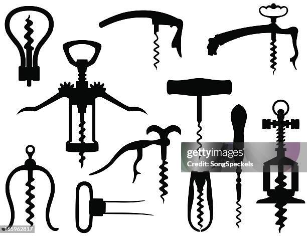 stockillustraties, clipart, cartoons en iconen met black images of corkscrews against white background - kurkentrekker drankenbenodigdheden