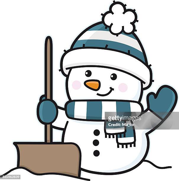 snowman in winter with snow shovel / snowplow - snow shovel stock illustrations