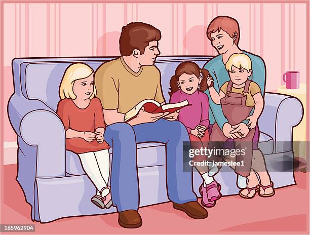 ilustraciones, imágenes clip art, dibujos animados e iconos de stock de familia de lectura - personas leyendo la biblia