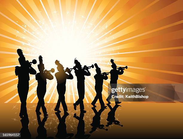 ilustraciones, imágenes clip art, dibujos animados e iconos de stock de trompeta jugador de fondo-banda - banda de marcha