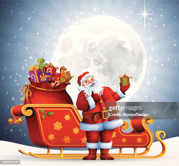 santa claus with his sleigh - sleigh vector stock illustrations