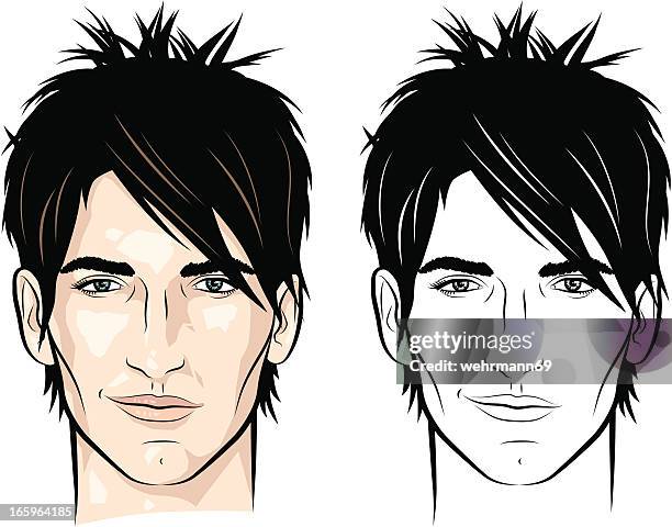 ilustraciones, imágenes clip art, dibujos animados e iconos de stock de hombre con cabello de punta - cara chico joven guapo