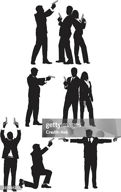 stockillustraties, clipart, cartoons en iconen met multiple images of business people with guns - back to back