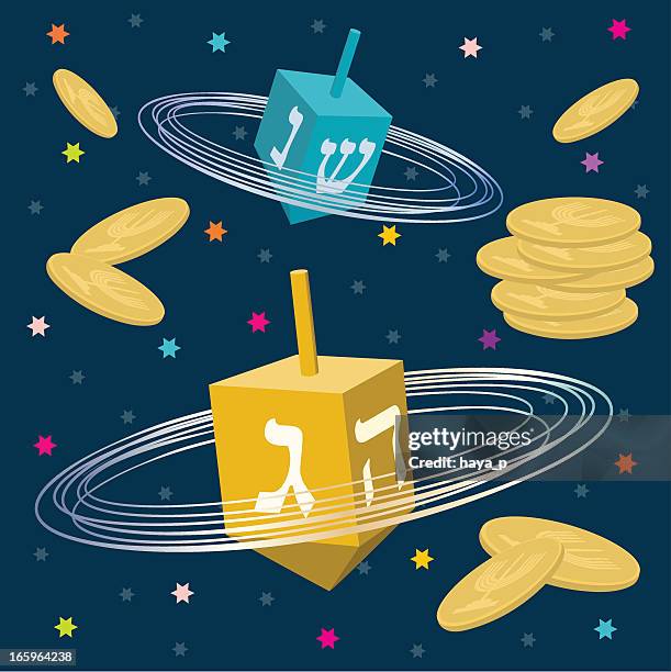 illustrations, cliparts, dessins animés et icônes de hanoukka dreidels et gelt - tournoyer