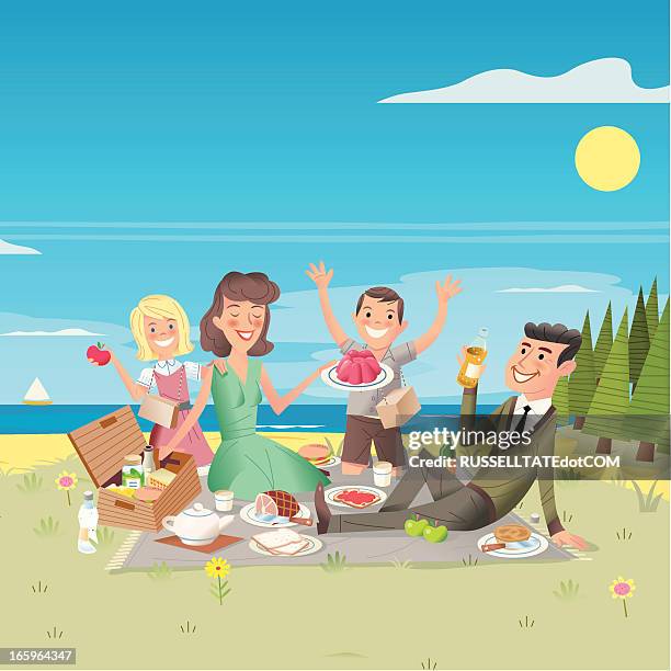 ilustraciones, imágenes clip art, dibujos animados e iconos de stock de picinc tiempo. - familia comiendo