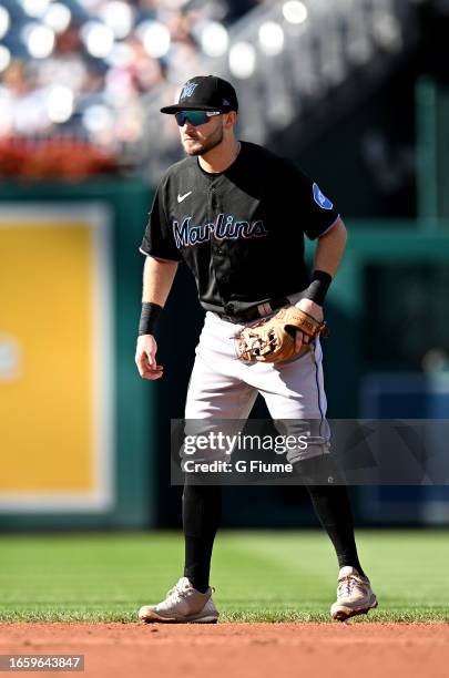 Garrett Hampson of the Miami Marlins plays shortstop against the at Nationals Park on September 02, 2023 in Washington, DC.