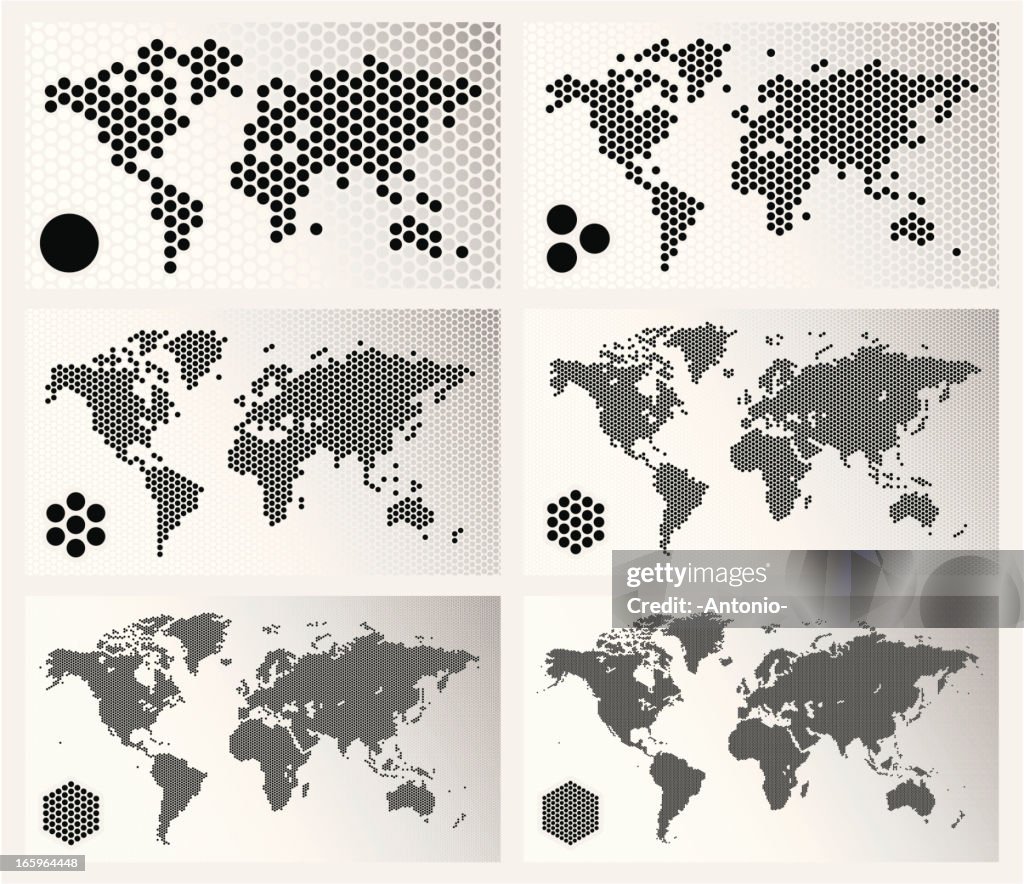 Dotted world maps in different resolutions