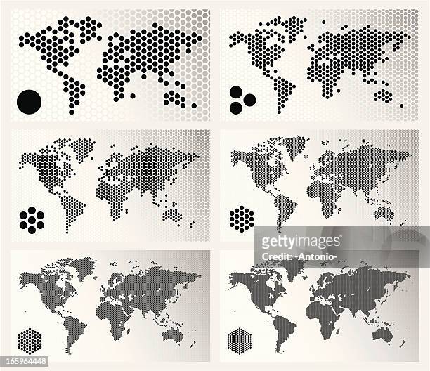 dotted world maps in different resolutions - dot pattern vector stock illustrations