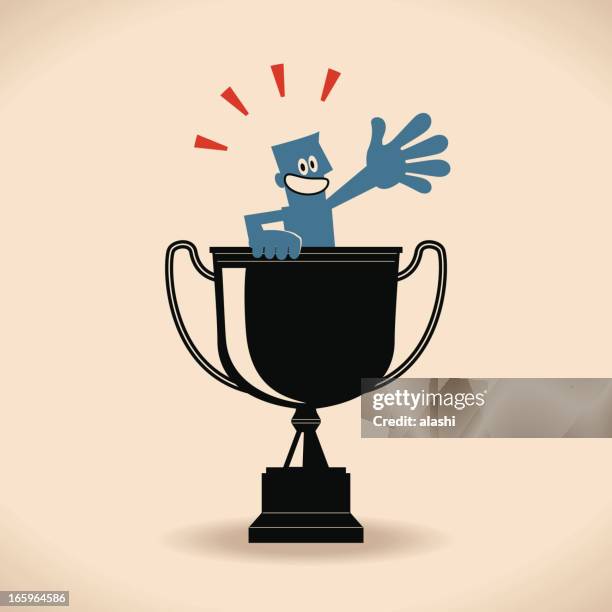 mann mit einem großen trophy - service excellence cartoon stock-grafiken, -clipart, -cartoons und -symbole