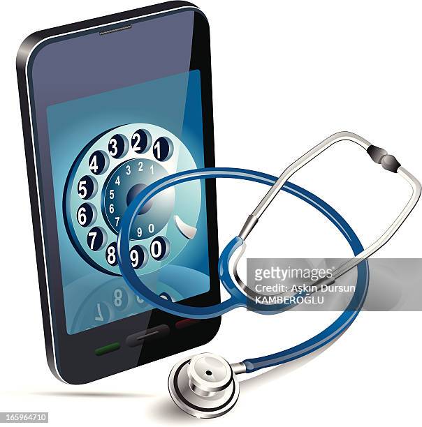 stockillustraties, clipart, cartoons en iconen met smartphone with image of rotary dial and stethoscope - rotary phone