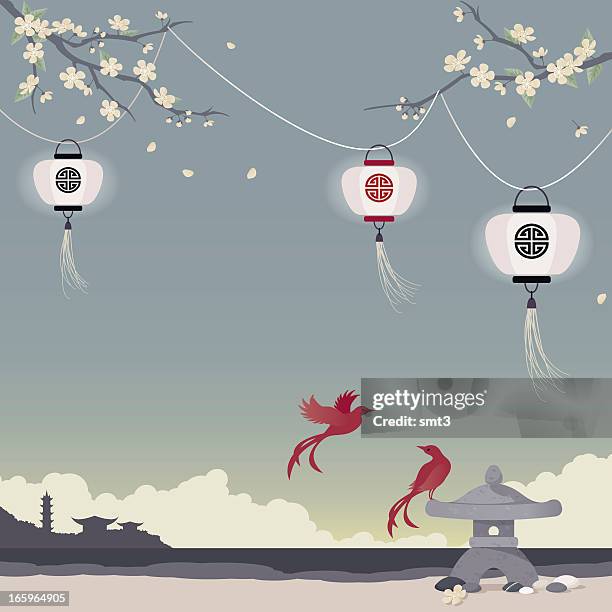 paper lanterns and cherry blossoms - couple beach sunset stock illustrations