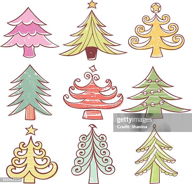 christmas bäume kollektion - hand printing of trees stock-grafiken, -clipart, -cartoons und -symbole