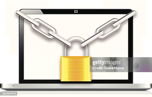 computer padlock and chain - vector - computer lock white background stock illustrations
