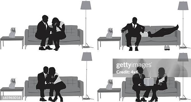 multiple images of young couple on sofa - laying on back silhouette stock illustrations