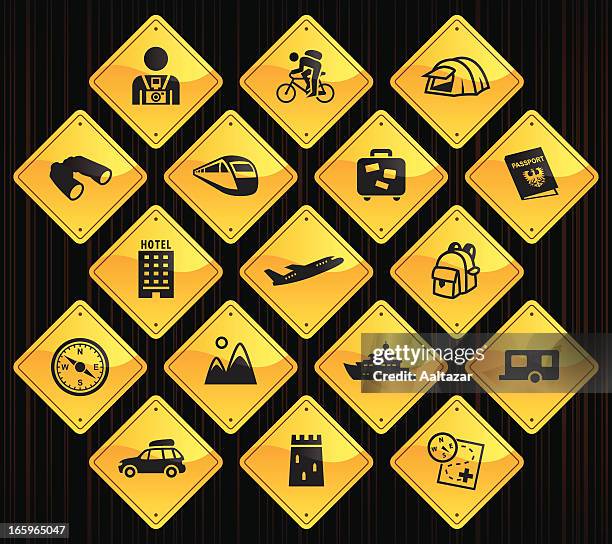 stockillustraties, clipart, cartoons en iconen met yellow road signs - tourism - luxury yacht