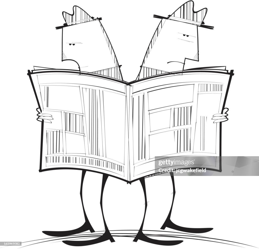 Two men reading one newspaper