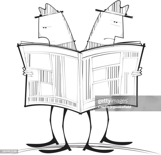 two men reading one newspaper - identical twins stock illustrations