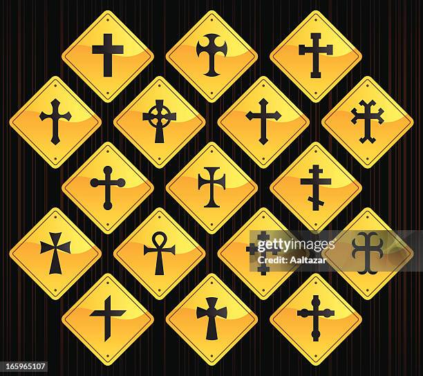 yellow road signs - crosses - conflict icon stock illustrations