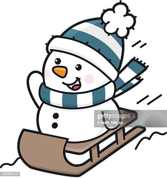 happy snowman riding on sledge in snow - tobogganing stock illustrations