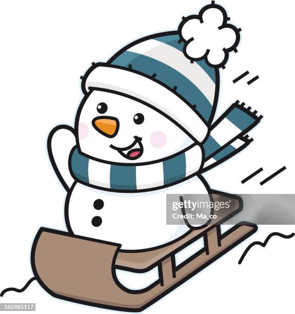 happy snowman riding on sledge in snow - tobogganing 幅插畫檔、美工圖案、卡通及圖標