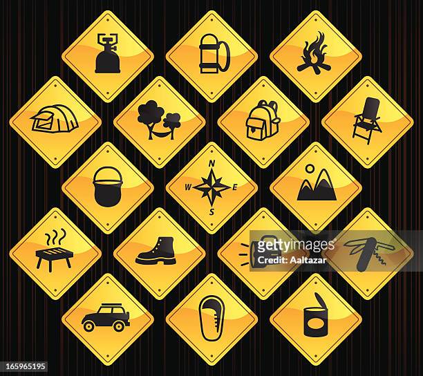 yellow road signs - camping - stove flame stock illustrations