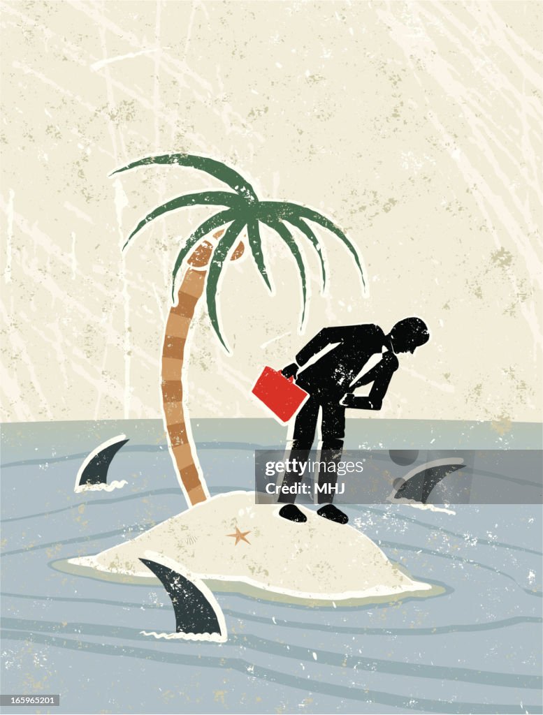 Businessman and Palm Tree on Desert Island, Surrounded by Sharks