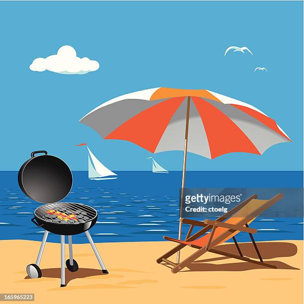 beach barbecue - klappstuhl stock-grafiken, -clipart, -cartoons und -symbole