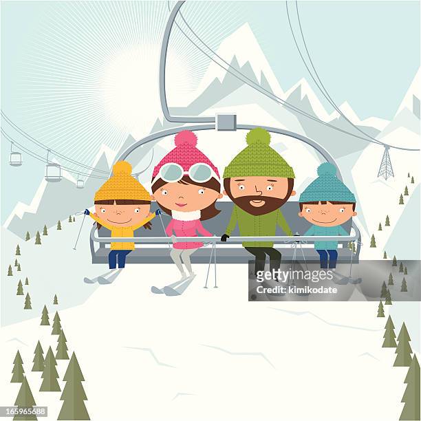 family on chairlift at ske resort - alpine skiing stock illustrations