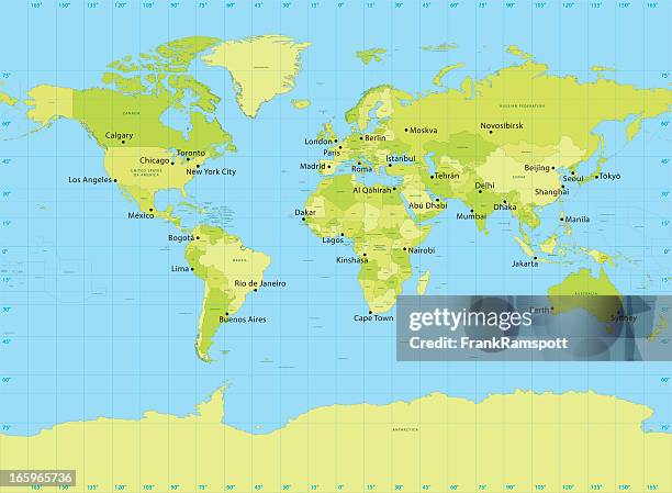 welt karte vektor-miller-projektion - latitude longitude world map stock-grafiken, -clipart, -cartoons und -symbole