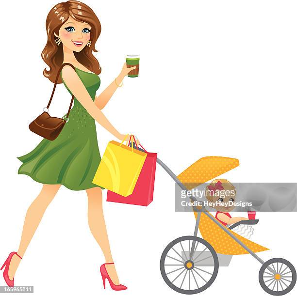 mom walking baby in stroller - mother and daughter stock illustrations
