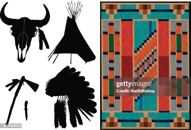 illustrazioni stock, clip art, cartoni animati e icone di tendenza di american indian-teepee, copricapo, tomahawk - perle