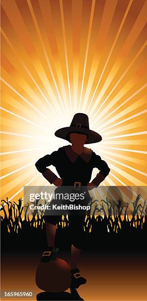 thanksgiving - proud pilgrim with pumpkin background - immigrant worker stock illustrations
