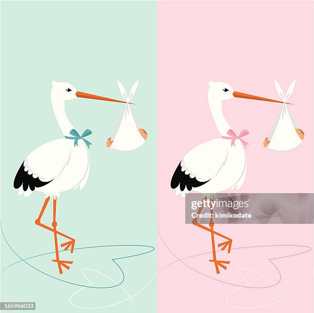 baby-dusche einladung mit storch mit einem neugeborenen - baby blanket stock-grafiken, -clipart, -cartoons und -symbole