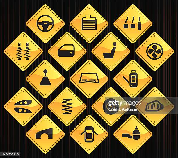 yellow road signs - car parts - front passenger seat stock illustrations