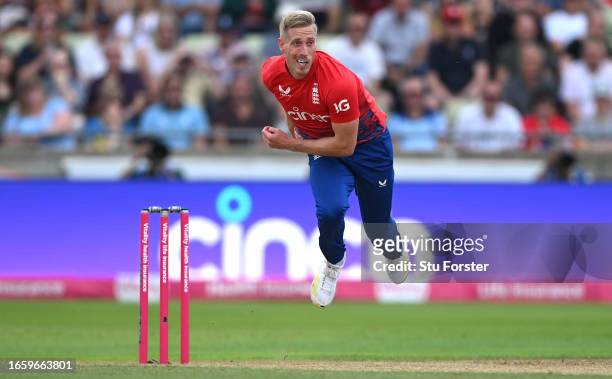 England bowler Luke Wood in bowling action during the 3rd Vitality T20I between England and New Zealand at Edgbaston on September 03, 2023 in...