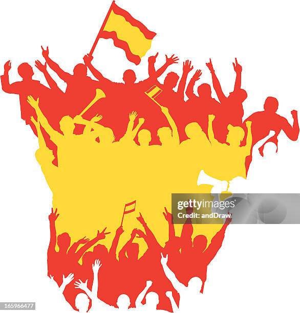 happy spanish fans in shape of spain map. - vuvuzela stock illustrations