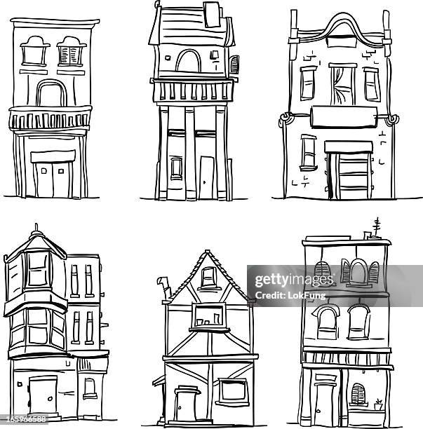 stockillustraties, clipart, cartoons en iconen met different types of houses in black and white - landhuis