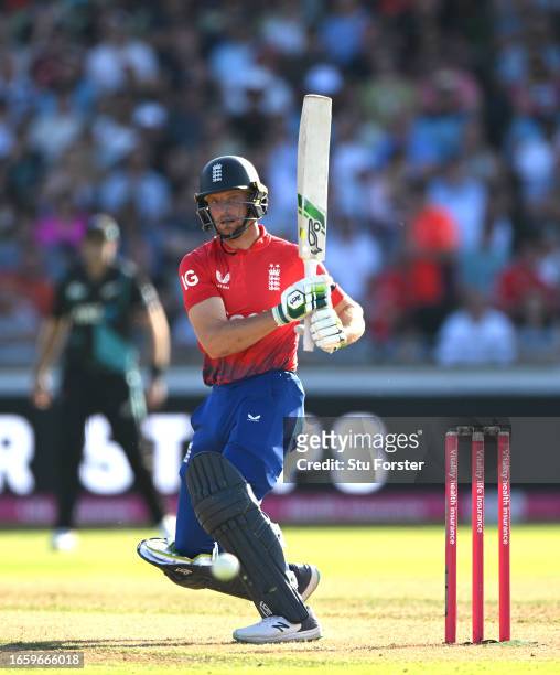 England batsman Jos Buttler hits out during the 3rd Vitality T20I between England and New Zealand at Edgbaston on September 03, 2023 in Birmingham,...