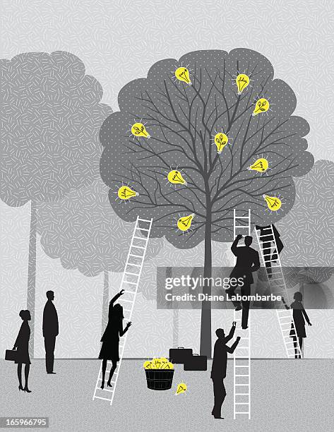 business team harvesting ideas from a tree - changing lightbulb stock illustrations